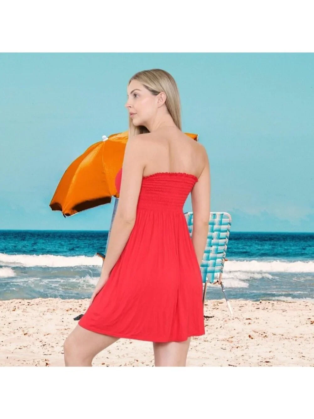Women's Red Sun Strapless Tube Short Beach Summer Dresses Casual Mini Dress